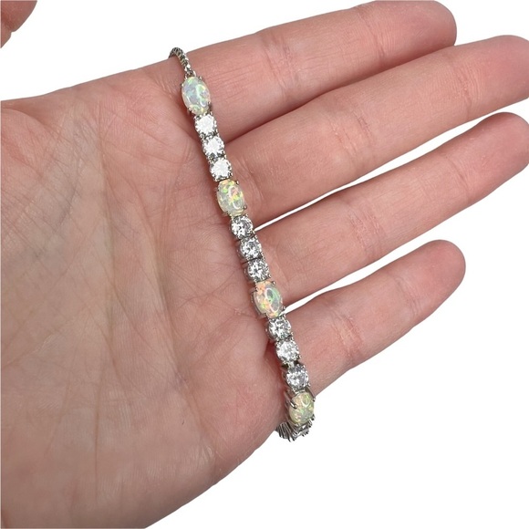 Synthetic Opal and Rhinestone Bolo Slide Lock Silver Tone Bracelet - Picture 3 of 9